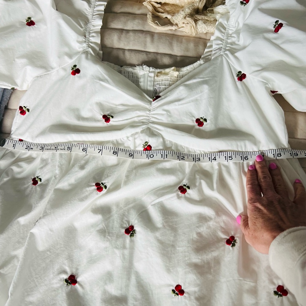 Altar'd State Dress Cherry Poplin White Puff-Sleeve Mini Dress - Picture 10 of 11